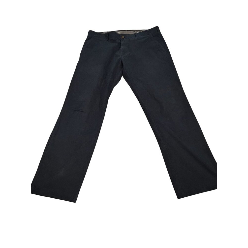 Haggar In Motion Mens Navy Blue Flat Front Casual Pants 38x32 Cotton Blend
